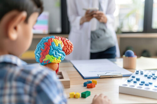 Niño jugando con un puzzle en consulta psicológica